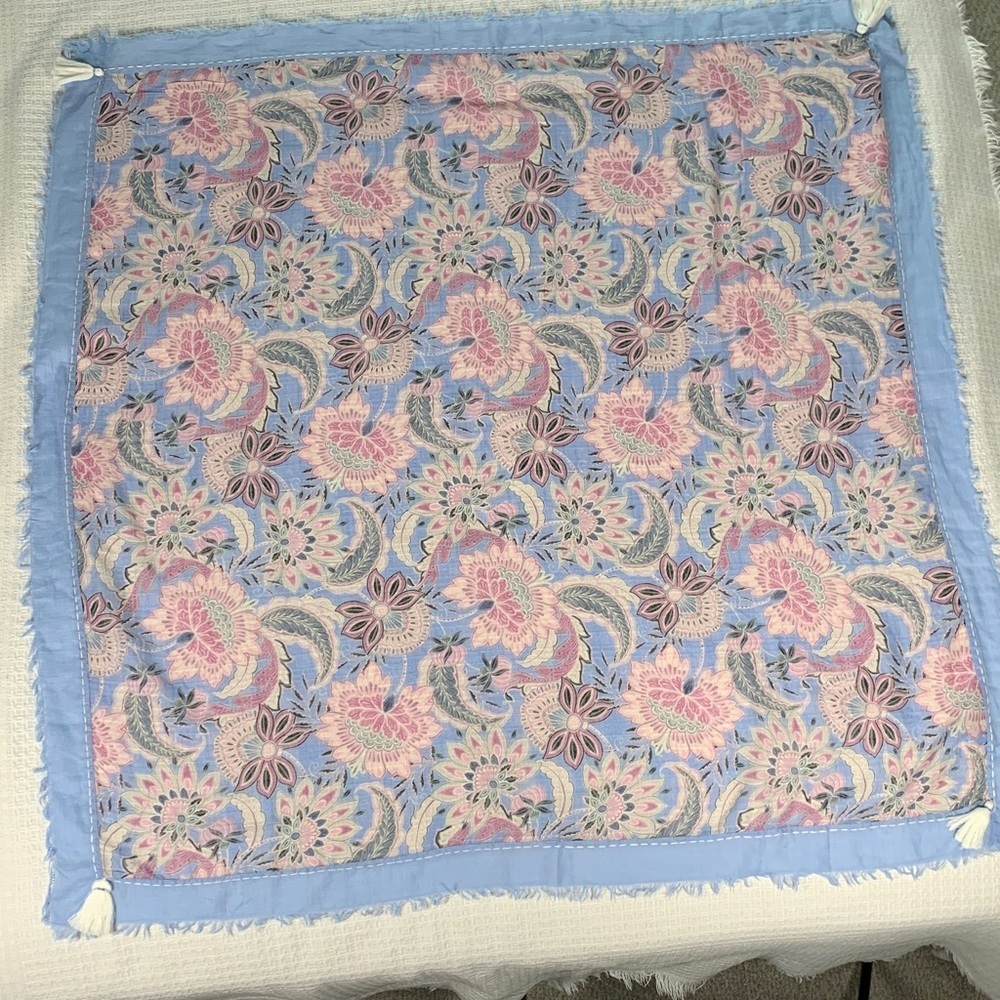 J Jill Purejill 100% cotton square floral scarf with tassels light blue